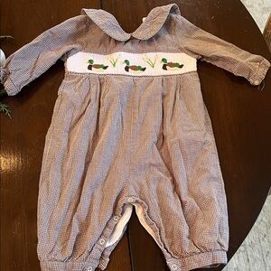 Cecil and Lou Brown Checkered Gingham Boys romper  One Piece with smocked ducks